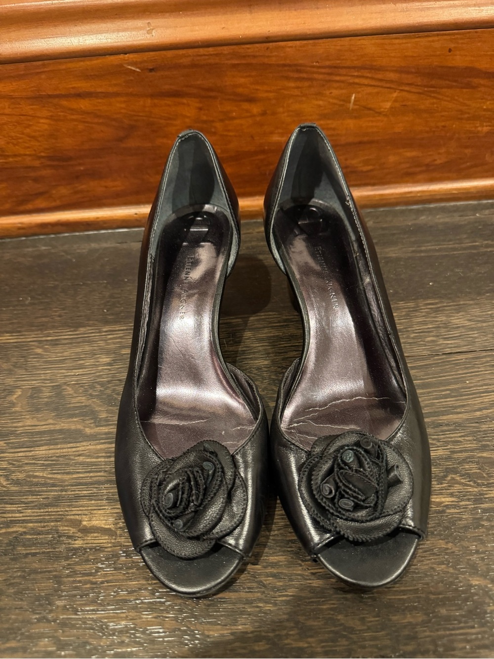 Etienne Aigner Black Peep-Toe Heels with Floral Rosette